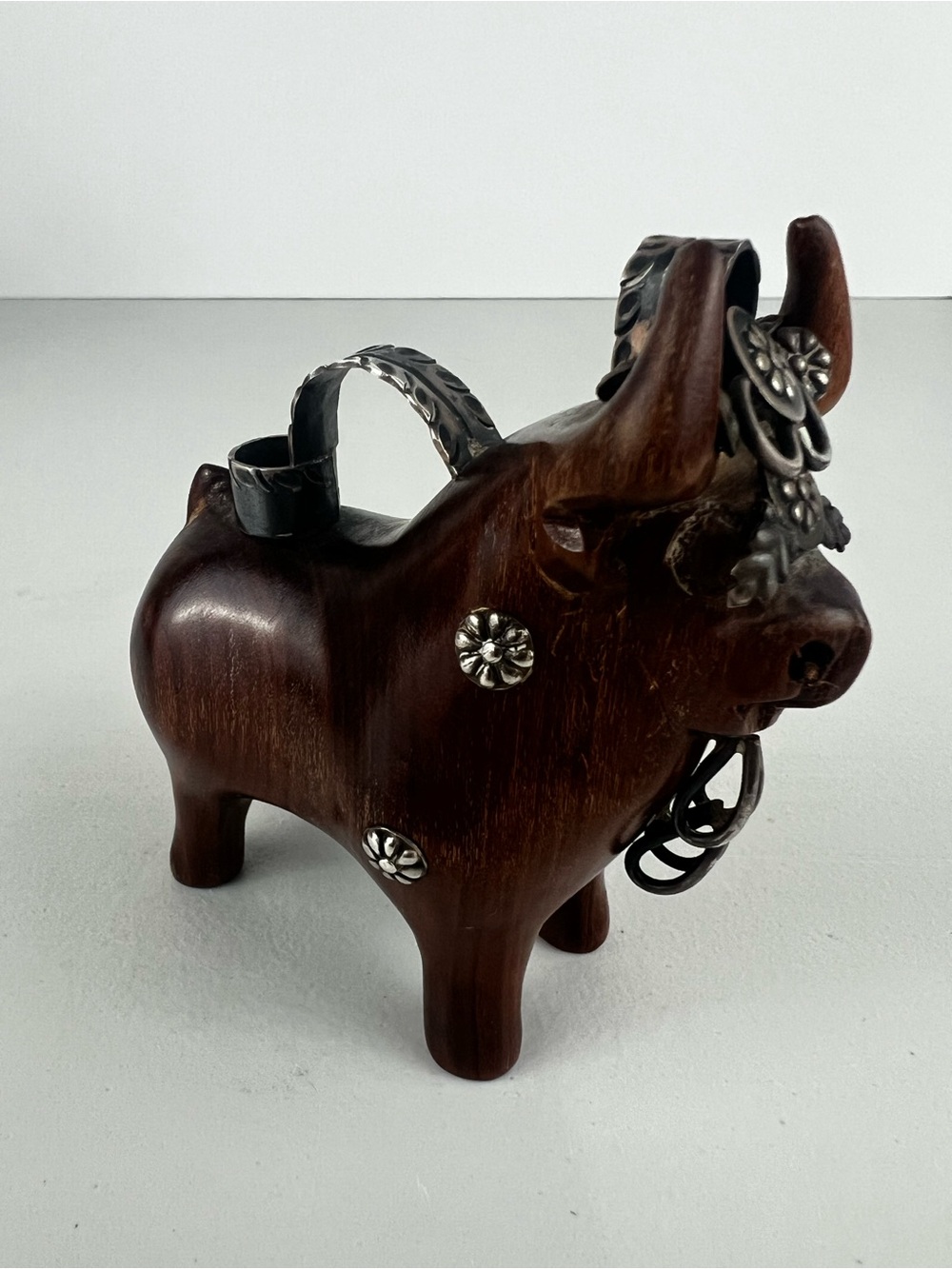 Vintage  Peruvian Torito de Pucara Bull Mahogany Wood & Sterling Silver 925